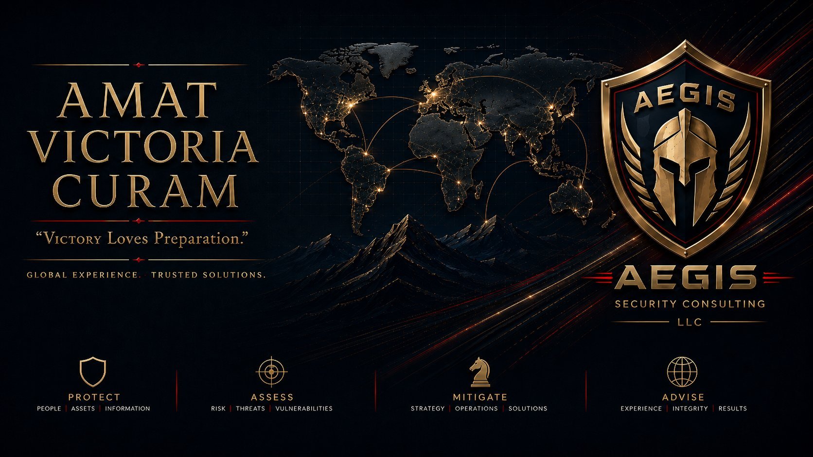 AEGIS Security Consulting logo featuring the shield and motto Amat Victoria Curam