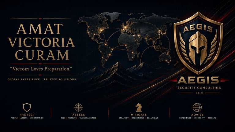 AEGIS Security Consulting website header with world map, company logo, and core services: Protect, Assess, Mitigate, and Advise